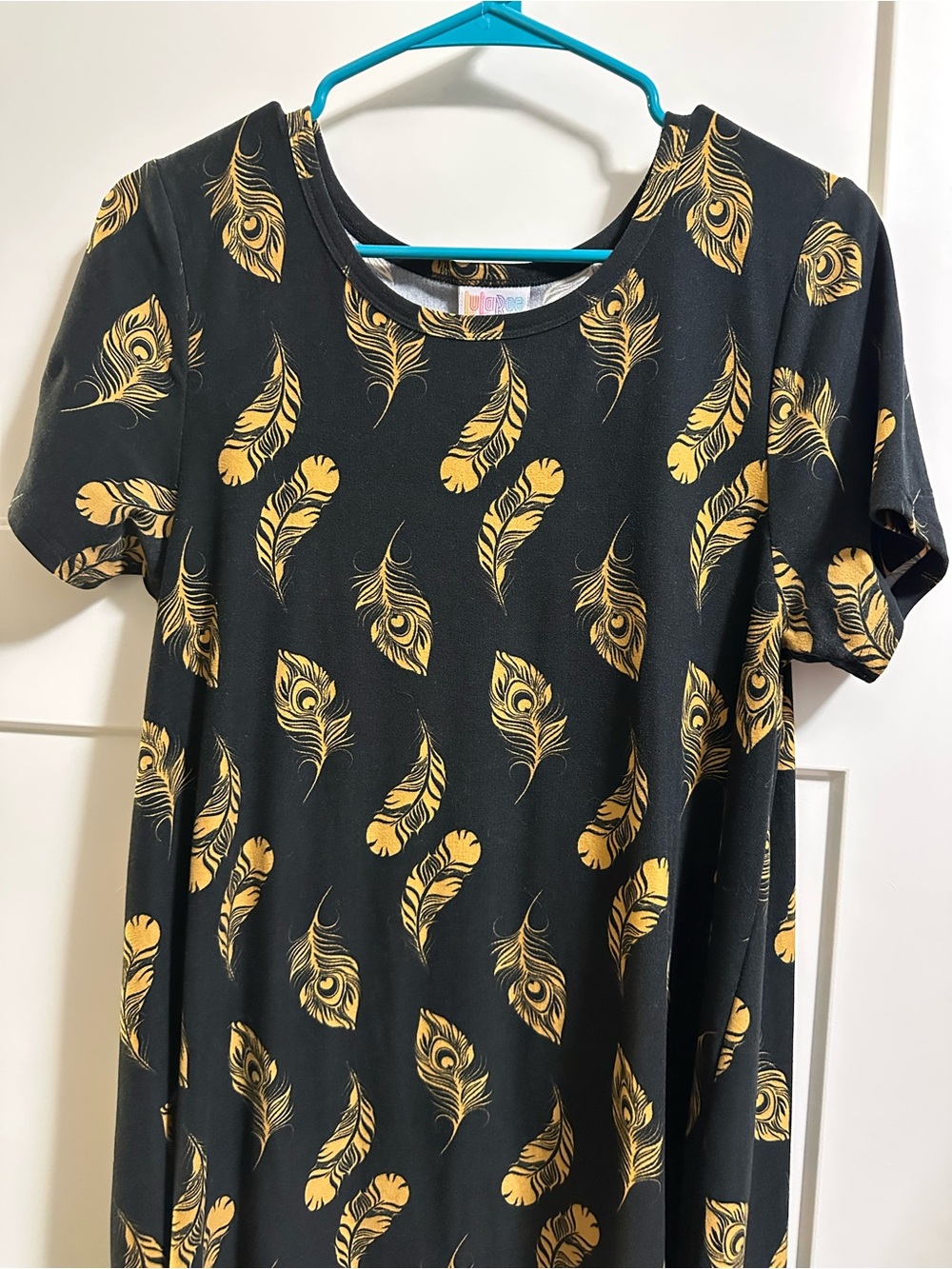 Lularoe Carly no pocket Black Dress with Gold Feather Print
